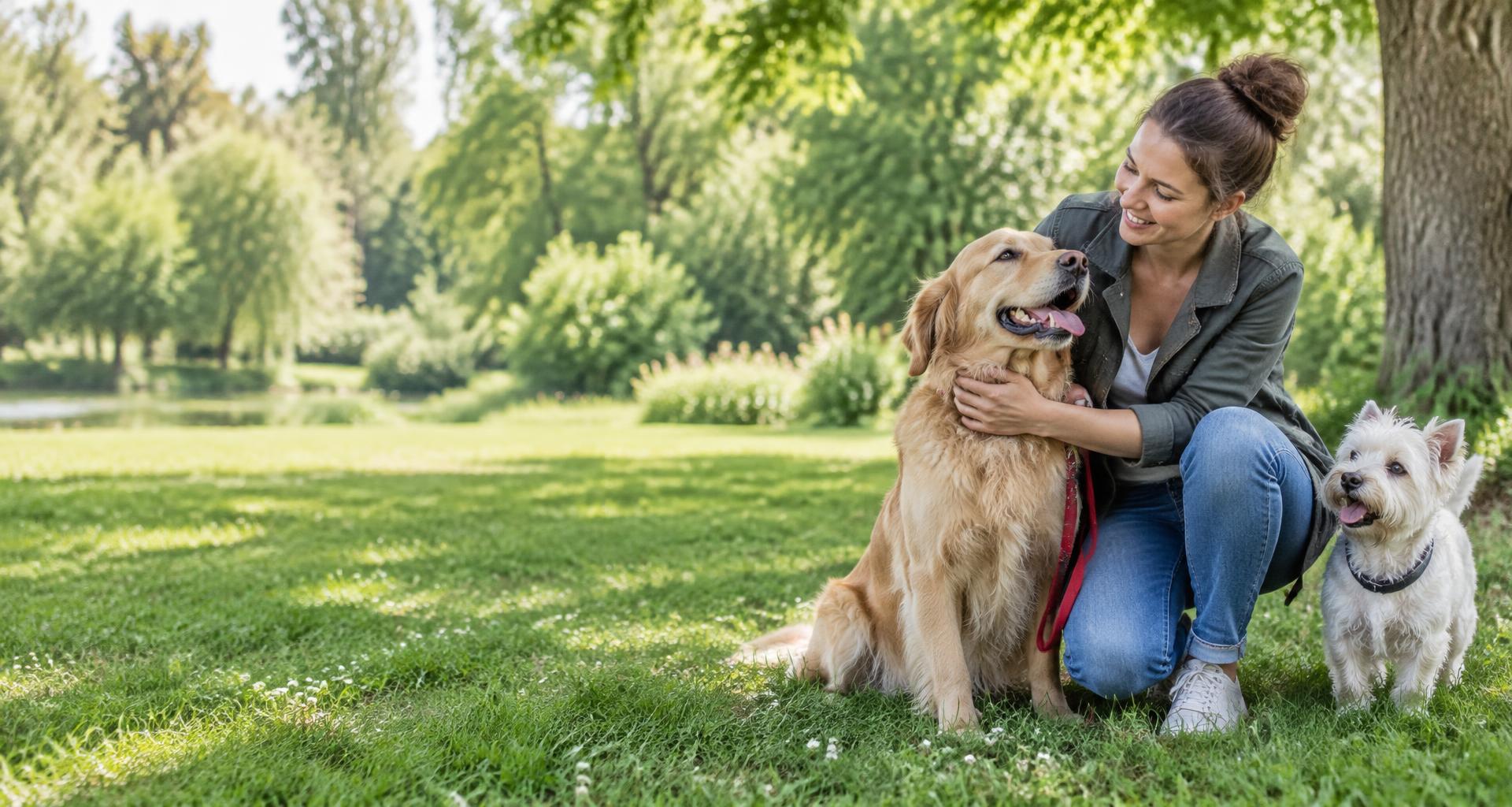 Eine Helferin betreut zwei Hunde im Park